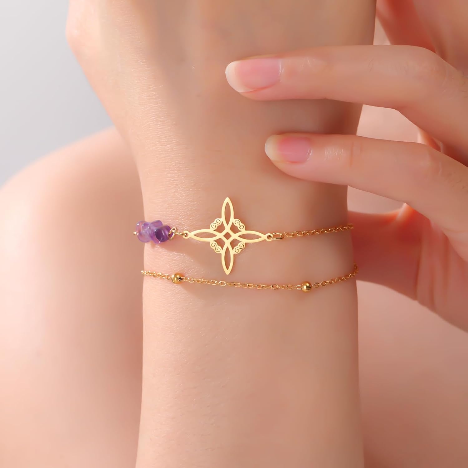 LIKGREAT Bransoletka z ametystowym kryształem czarownicy | Bransoletka ze stali nierdzewnej z koralikami Amulet ochrona celtycki węzeł Wicca Duchowa biżuteria dla kobiet - obrazek 3