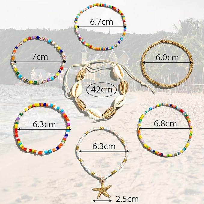 7 sztuk damskich bransoletek na kostkę, wielowarstwowe bransoletki na kostkę Boho, bransoletki na kostkę z rozgwiazdą, letnie bransoletki plażowe, akcesoria jubilerskie dla dziewcząt kobiet, - obrazek 2