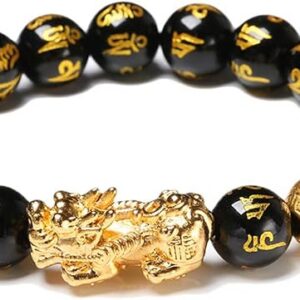 Feng Shui Golden Pi Xiu Lucky bogaty amulet bransoletka, czarna naturalna obsydian bransoletka bogactwo