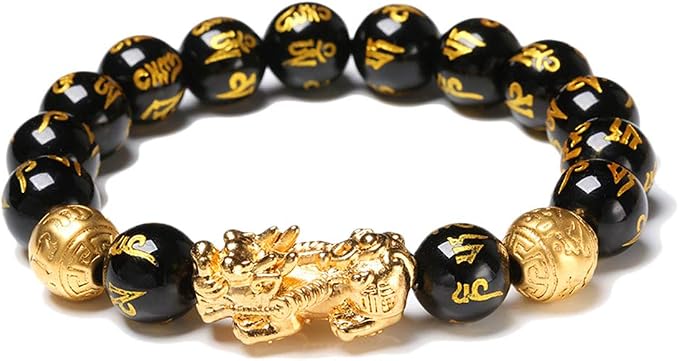Feng Shui Golden Pi Xiu Lucky bogaty amulet bransoletka, czarna naturalna obsydian bransoletka bogactwo