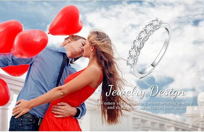 JewelryPalace 0,6ct Półwieczność damski pierścionek pozłacany 14-karatowym białym złotem z cyrkoniami, pierścionki damskie pozłacane 14-karatowym białym złotem z 6 kamieniami o okrągłym szlifie - obrazek 6