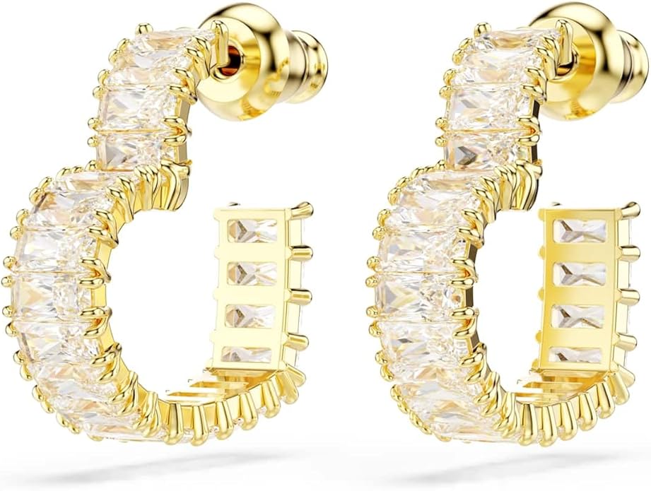 Swarovski Kolczyki kreole Matrix, Szlif schodkowy typu baguette, Serce, Małe, Białe, Powłoka w odcieniu złota - obrazek 3