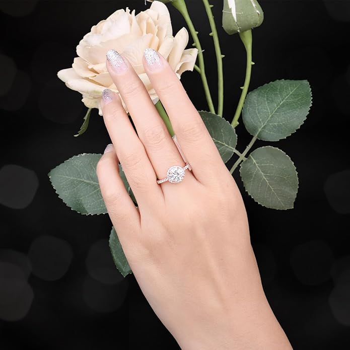 JewelryPalace okrągły szlif 1ct cyrkonia halo pierścionek zaręczynowy damski pierścionek zaręczynowy srebro 925, rocznicowe obrączki różowe złoto - obrazek 6