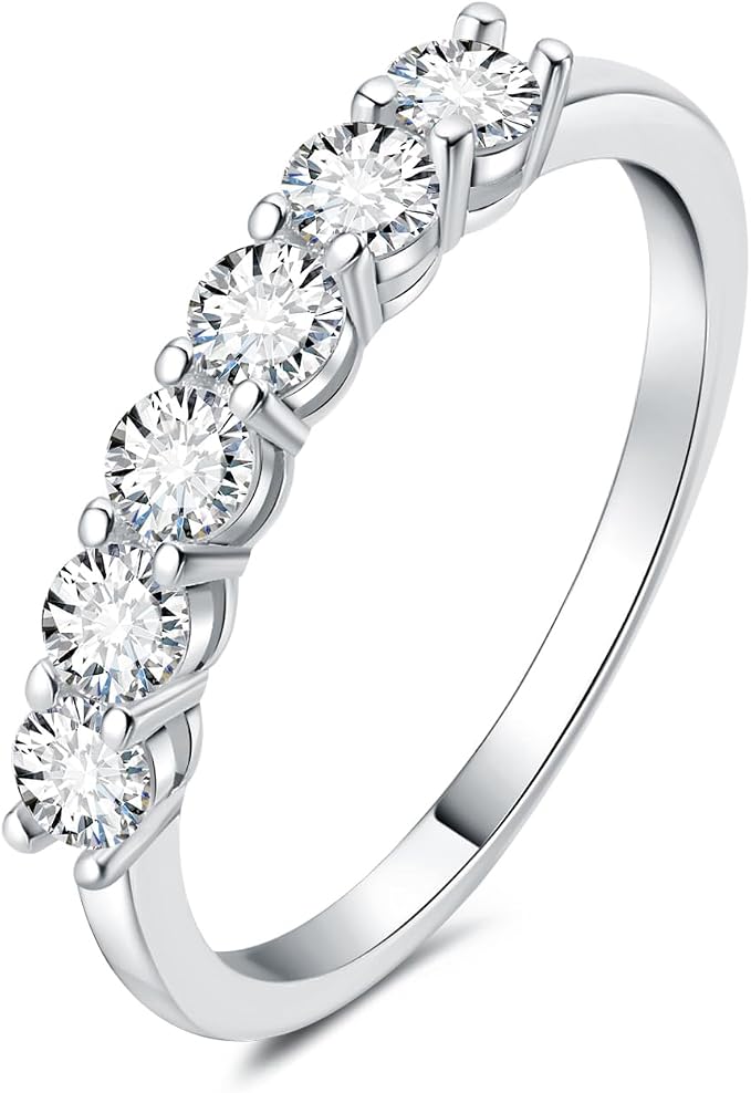 JewelryPalace 0,6ct Półwieczność damski pierścionek pozłacany 14-karatowym białym złotem z cyrkoniami, pierścionki damskie pozłacane 14-karatowym białym złotem z 6 kamieniami o okrągłym szlifie