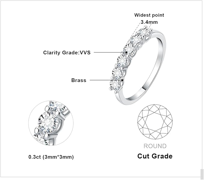 JewelryPalace 0,6ct Półwieczność damski pierścionek pozłacany 14-karatowym białym złotem z cyrkoniami, pierścionki damskie pozłacane 14-karatowym białym złotem z 6 kamieniami o okrągłym szlifie - obrazek 2