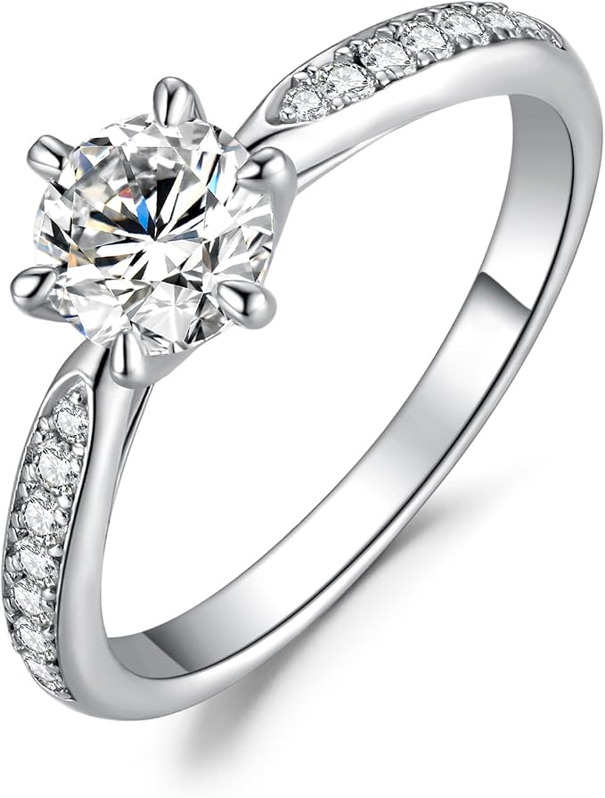 JewelryPalace 0,5ct klasyczny pierścionek z pasjansem damski pozłacany 14-karatowym białym złotem z motywem moissanitu, symulowany diament pierścionki z bocznymi kamieniami, proste pierścionki