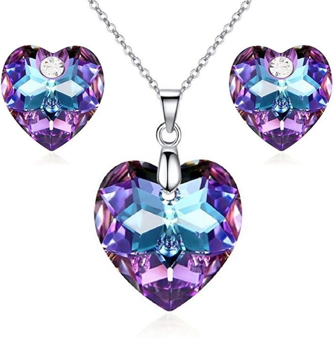 Crystalline Azuria Serces Kryształy Purpurowy Tęcza Zestaw Wisiorek Naszyjnik 45 cm Kolczyki Pozłacane 18 kt Białym Złotem