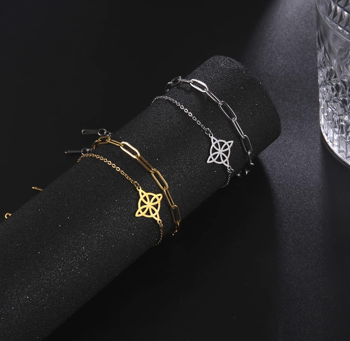 Bransoletka z węzłem czarownic dla kobiet węzeł celtycki symbol wiccan warstwowa bransoletka ze stali nierdzewnej unikalny amulet regulowana dwuwarstwowa bransoletka - obrazek 6