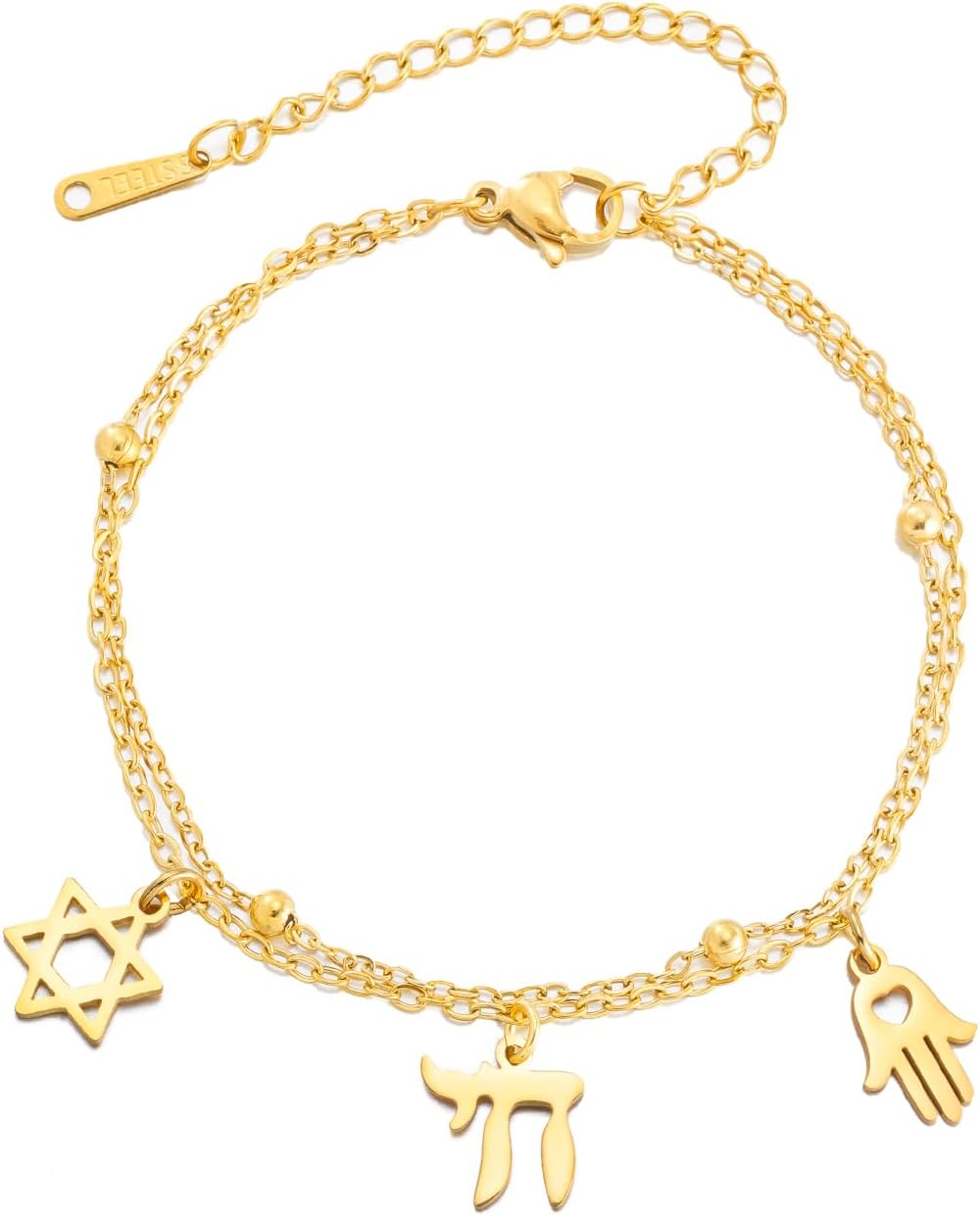 LIKGREAT Hebrajska bransoletka z gwiazdą Dawida i Chai | Z zawieszką Haszem ze stali nierdzewnej, regulowany żydowski amulet, biżuteria szczęścia i wiary dla kobiet - obrazek 2