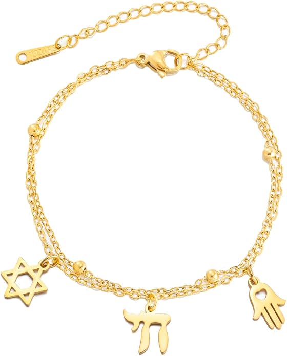 LIKGREAT Hebrajska bransoletka z gwiazdą Dawida i Chai | Z zawieszką Haszem ze stali nierdzewnej, regulowany żydowski amulet, biżuteria szczęścia i wiary dla kobiet