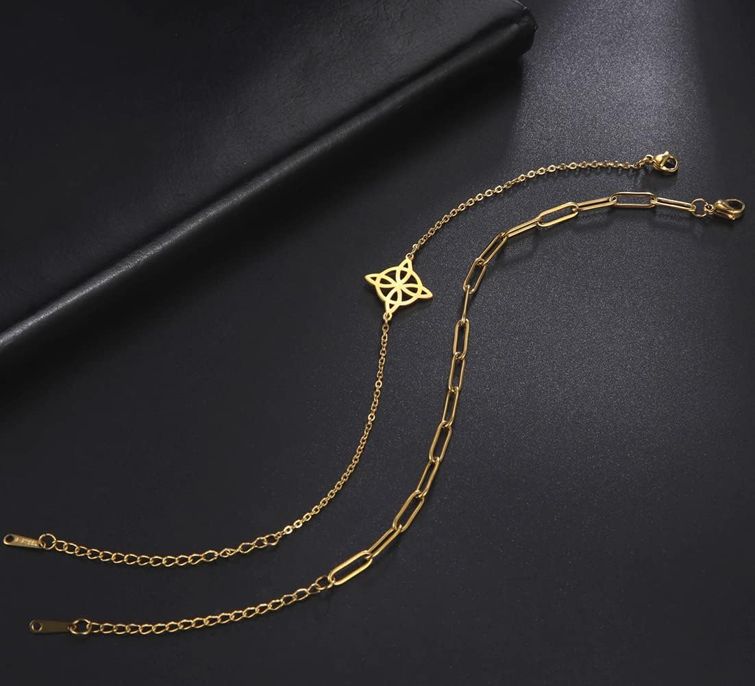 Bransoletka z węzłem czarownic dla kobiet węzeł celtycki symbol wiccan warstwowa bransoletka ze stali nierdzewnej unikalny amulet regulowana dwuwarstwowa bransoletka - obrazek 5