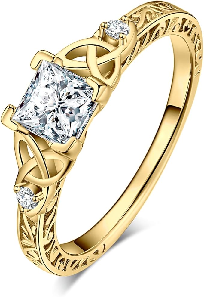 JewelryPalace Vintage Symulowany diament pierścionek damski pozłacany 14-karatowym żółtym złotem, celtycki pierścionek zaręczynowy, pierścionek ze złota 18,5