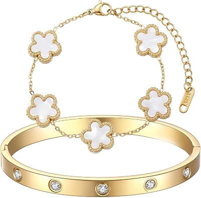 Złota bransoletka z pięciolistnej koniczyny, złota, eleganckie akcesoria, złota bransoletka, symbol szczęścia, prezent na co dzień, urodziny, wesele, X-Large, Stal nierdzewna, Amazonit - obrazek 2