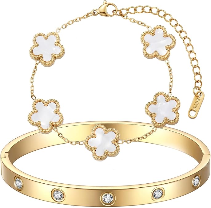 Złota bransoletka z pięciolistnej koniczyny, złota, eleganckie akcesoria, złota bransoletka, symbol szczęścia, prezent na co dzień, urodziny, wesele, X-Large, Stal nierdzewna, Amazonit - obrazek 7