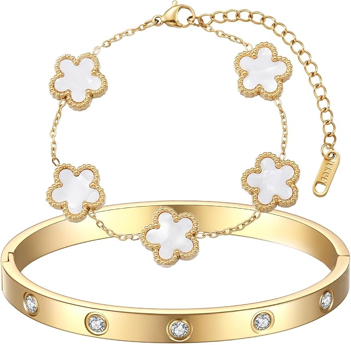 Złota bransoletka z pięciolistnej koniczyny, złota, eleganckie akcesoria, złota bransoletka, symbol szczęścia, prezent na co dzień, urodziny, wesele, X-Large, Stal nierdzewna, Amazonit