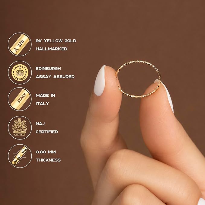 Amberta Pierścionek damski z litego złota 9 karatów, wykonany we Włoszech, do układania w stos, cienki pierścionek z żółtym złotem, 1 mm, możliwość nałożenia na siebie - obrazek 6