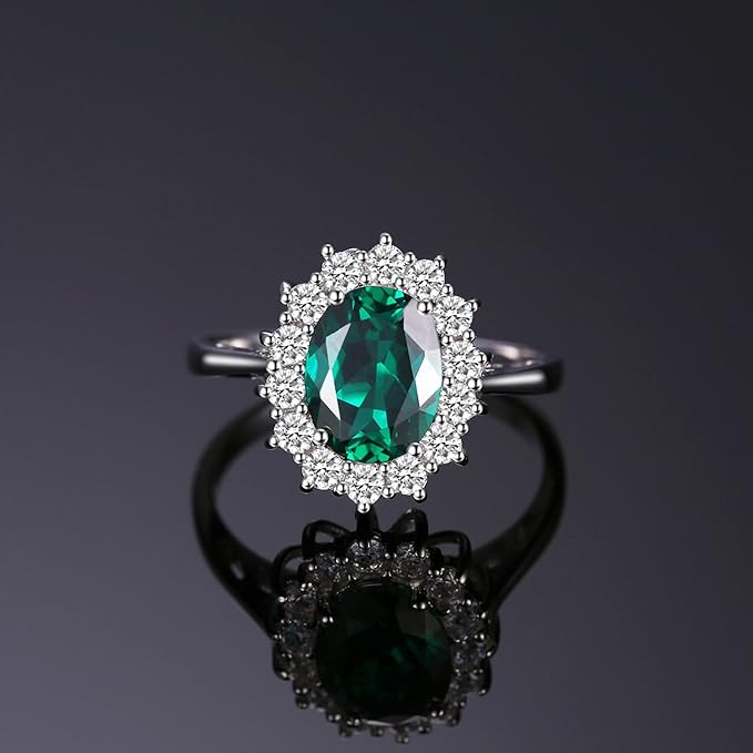 JewelryPalace Kate Middleton Halo Damski pierścionek pozłacany 14-karatowym białym złotem z symulowanym zielonym szmaragdem, księżniczka Diana William pierścionki damskie owalne kamienie, złota - obrazek 3