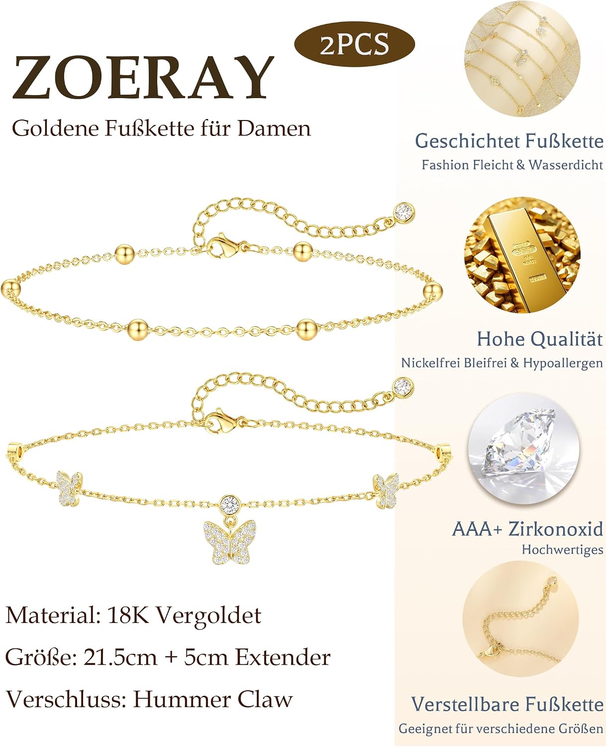 ZOERAY Bransoletka na kostkę damska 925 srebro próby 925 złoty regulowany dwuwarstwowy srebrny łańcuszek na kostkę pozłacany 18-karatowym złotem wodoodporna bransoletka z koralikami motyl kochający - obrazek 5