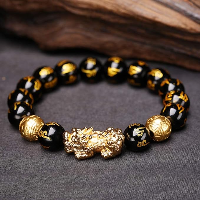 Feng Shui Golden Pi Xiu Lucky bogaty amulet bransoletka, czarna naturalna obsydian bransoletka bogactwo - obrazek 6