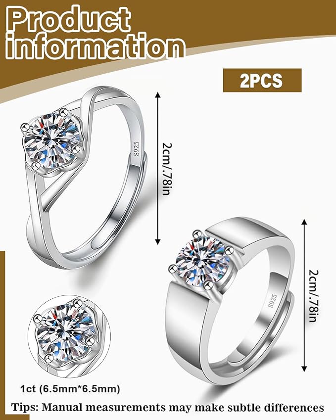 2 sztuki klasyczny pierścionek solitaire ze srebra próby 925 z wytworzonym moissanitem, symulowany diament, pierścionki z bocznymi kamieniami, proste pierścionki zaręczynowe - obrazek 2