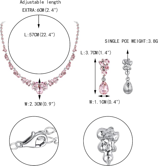 EVER FAITH Zestaw biżuterii damskiej z austriackimi kryształami dla panny młodej, kwiatowy naszyjnik i kolczyki, kolor różowy i srebrny - obrazek 4