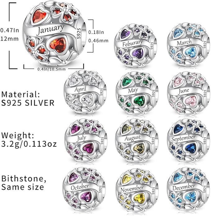 LNQOBU Birthstone Charms do bransoletek Pandora, srebro wysokiej próby 925, zawieszka w kształcie serca w kształcie serca, prezent urodzinowy dla kobiet - obrazek 6