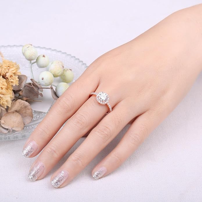 JewelryPalace okrągły szlif 1ct cyrkonia halo pierścionek zaręczynowy damski pierścionek zaręczynowy srebro 925, rocznicowe obrączki różowe złoto - obrazek 5