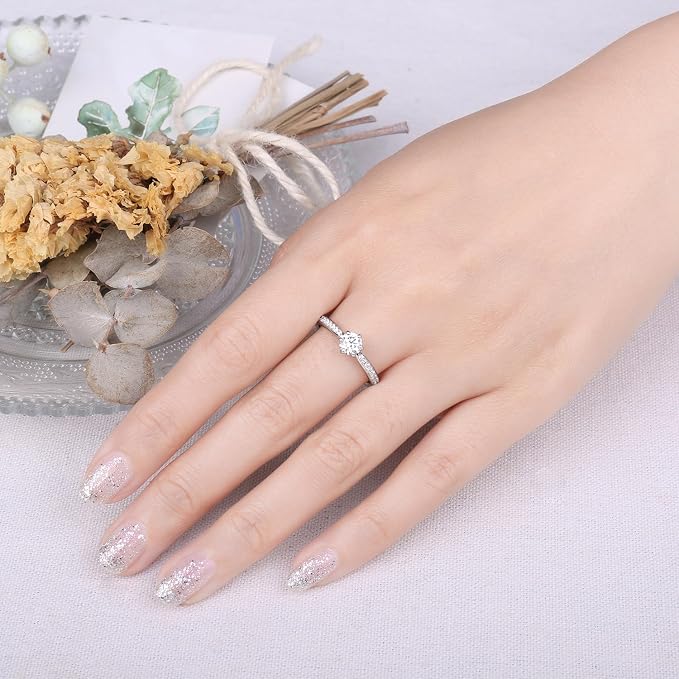 JewelryPalace 0,5ct klasyczny pierścionek z pasjansem damski pozłacany 14-karatowym białym złotem z motywem moissanitu, symulowany diament pierścionki z bocznymi kamieniami, proste pierścionki - obrazek 4