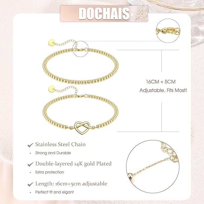 Dochais 2 szt. złotych bransoletek z koralikami z wisiorkiem, bransoletka z koralików 4 mm, regulowana z łańcuszkiem ze stali nierdzewnej, pozłacane 14-karatowym złotem, biżuteria, prezenty dla kobiet - obrazek 3