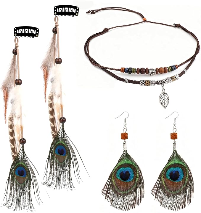 MWOOT Ozdoba do włosów z klipsem, indiańskie pióra, przedłużenie włosów, dla kobiet, liść, wisiorek z drewnianymi koralikami, kolczyki w stylu boho, biżuteria plemienna, biżuteria dla kobiet, karnawał