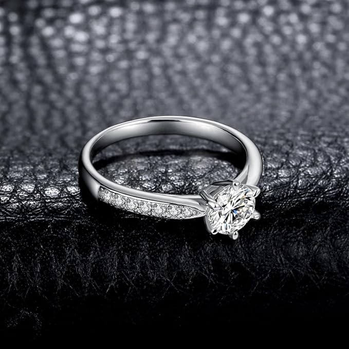 JewelryPalace 0,5ct klasyczny pierścionek z pasjansem damski pozłacany 14-karatowym białym złotem z motywem moissanitu, symulowany diament pierścionki z bocznymi kamieniami, proste pierścionki - obrazek 5