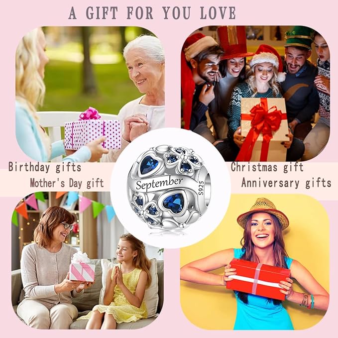 LNQOBU Birthstone Charms do bransoletek Pandora, srebro wysokiej próby 925, zawieszka w kształcie serca w kształcie serca, prezent urodzinowy dla kobiet - obrazek 7