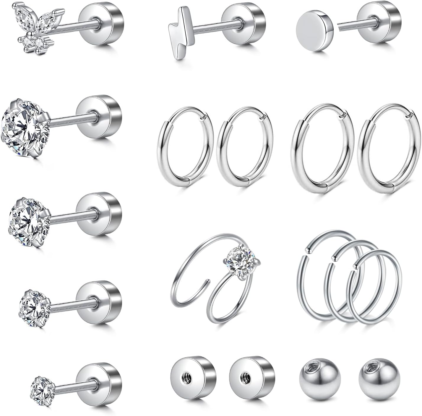 LAURITAMI 19 sztuk zestaw do piercingu uszu ze stali chirurgicznej, kolczyki do uszu dla kobiet 20 g małe srebrne złote kolczyki sztyfty Conch Tragus Helix Piercing do chrząstki - obrazek 3