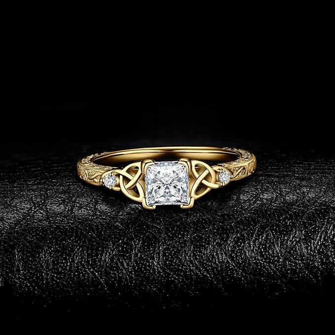 JewelryPalace Vintage Symulowany diament pierścionek damski pozłacany 14-karatowym żółtym złotem, celtycki pierścionek zaręczynowy, pierścionek ze złota 18,5 - obrazek 3