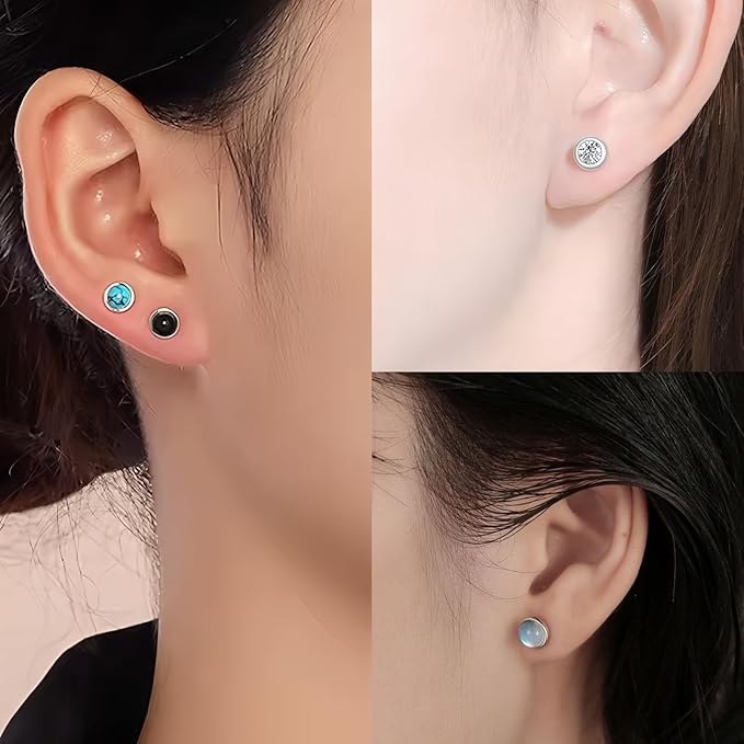 4 pary damskich kolczyków na sztyfcie, srebro wysokiej próby 925, cyrkonie, kamień księżycowy, turkusowe, czarne, okrągłe, srebrne, małe, hipoalergiczne, biżuteria dla kobiet i dziewcząt - obrazek 6