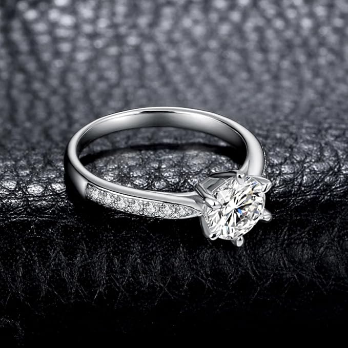 JewelryPalace 1.5ct klasyczny pierścionek Moissanite okrągły pas Solitaire kamień pozłacany 14K białe złoto, pierścionek z brylantem symulowane zaręczyny ślubne obietnica obrączki, zestaw biżuterii - obrazek 5
