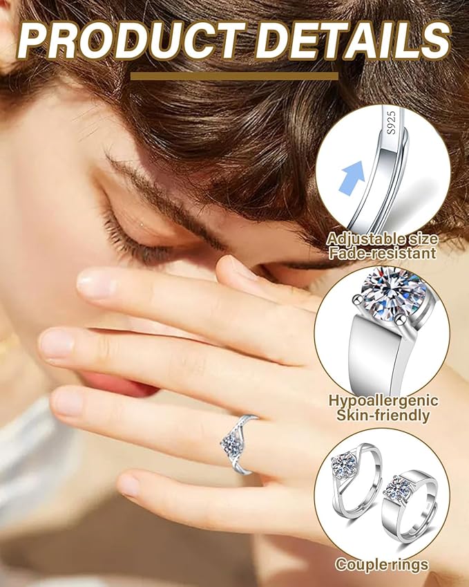 2 sztuki klasyczny pierścionek solitaire ze srebra próby 925 z wytworzonym moissanitem, symulowany diament, pierścionki z bocznymi kamieniami, proste pierścionki zaręczynowe - obrazek 3