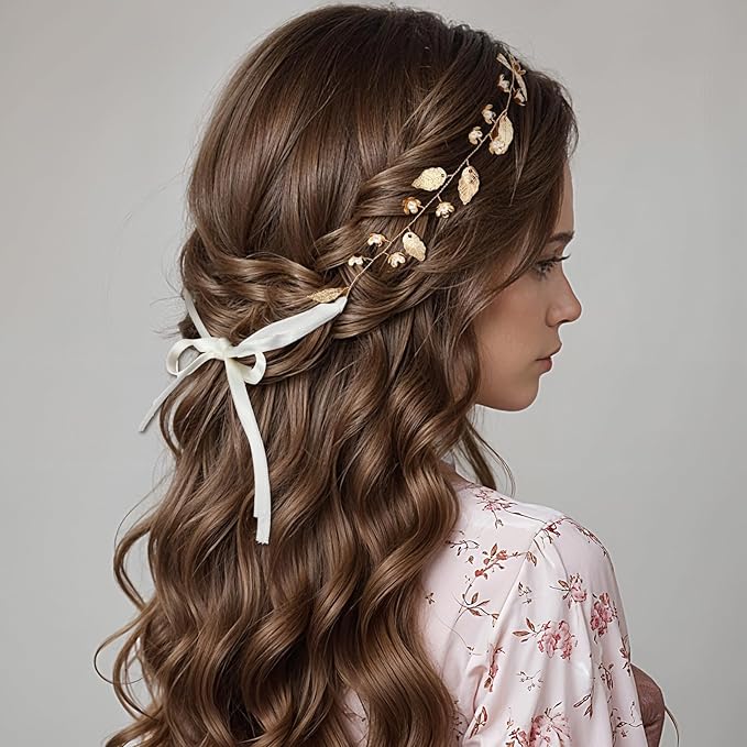 Yuanchu Ozdoba do włosów w stylu boho, rzymska , wieniec wróżki, wieniec laurowy, tiara, na wesele, komunię, dziewczynę, z perłami i kwiatami - obrazek 3