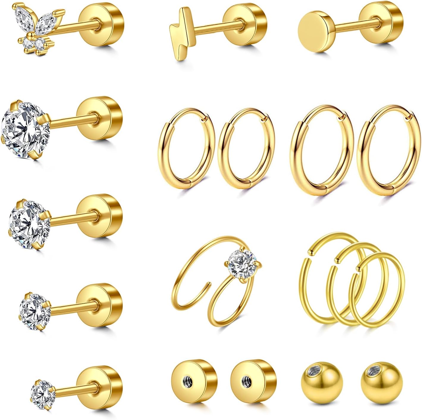 LAURITAMI 19 sztuk zestaw do piercingu uszu ze stali chirurgicznej, kolczyki do uszu dla kobiet 20 g małe srebrne złote kolczyki sztyfty Conch Tragus Helix Piercing do chrząstki - obrazek 2