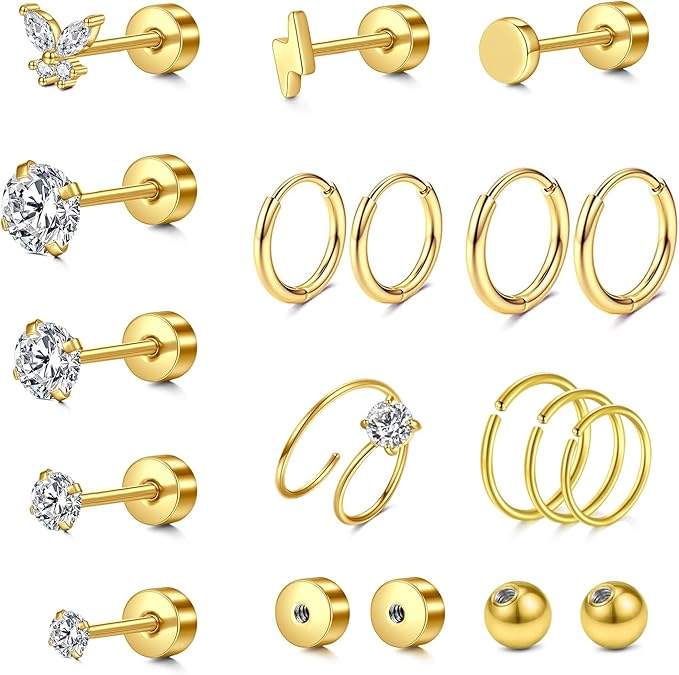 LAURITAMI 19 sztuk zestaw do piercingu uszu ze stali chirurgicznej, kolczyki do uszu dla kobiet 20 g małe srebrne złote kolczyki sztyfty Conch Tragus Helix Piercing do chrząstki
