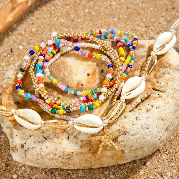 7 sztuk damskich bransoletek na kostkę, wielowarstwowe bransoletki na kostkę Boho, bransoletki na kostkę z rozgwiazdą, letnie bransoletki plażowe, akcesoria jubilerskie dla dziewcząt kobiet, - obrazek 4