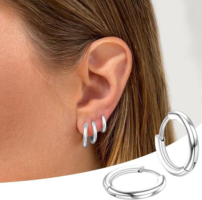 Zestaw 4 par kolczyków kółek ze stali chirurgicznej 316L dla mężczyzn i kobiet – 8 mm, 10 mm, 12 mm, 14 mm – srebrny - obrazek 4