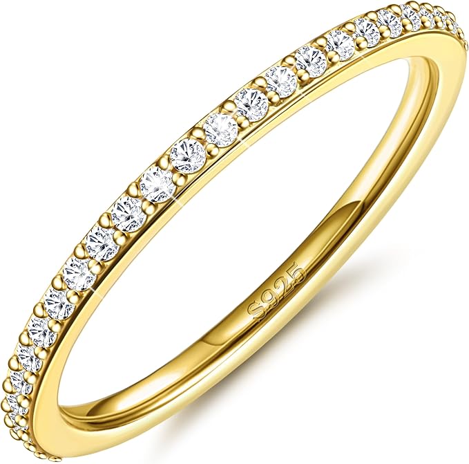 Dochais Pierścionki Eternity ze srebra wysokiej próby 925, pozłacane 14 K, pozłacane, damskie pierścionki z cyrkonią, prosty pierścionek, możliwość układania w stos, srebrne/złote pierścionki