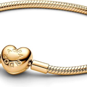Pandora Moments Schlangen-Gliederarmband mit Herz-Verschluss aus Sterling Silber mit vergoldeter Metalllegierung, Kompatibel mit Pandora Moments, Größe:19, 563050C00-19