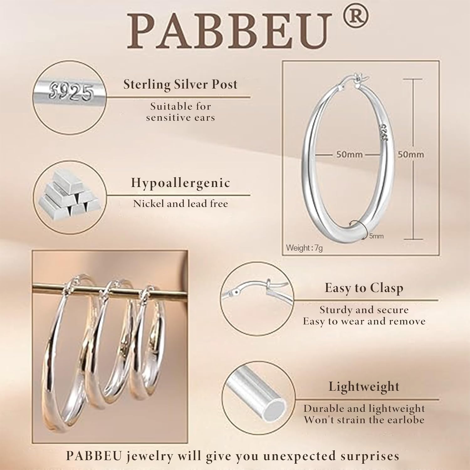 PABBEU Kolczyki typu kreole ze srebra wysokiej próby 925, hipoalergiczne, grube, duże, lekkie, dla kobiet, dziewcząt, 35/40/50 mm - obrazek 3