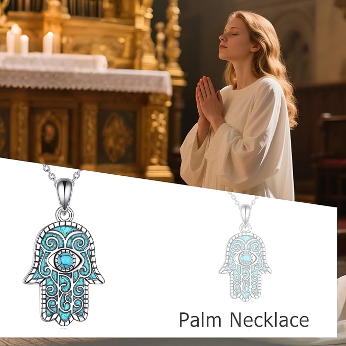 YAFEINI Turkusowy łańcuszek Hamsa ze srebra wysokiej próby 925, niebieski wisiorek ze złym okiem i ręką Fatimy, biżuteria ochronna, prezent dla kobiet i mężczyzn - obrazek 6