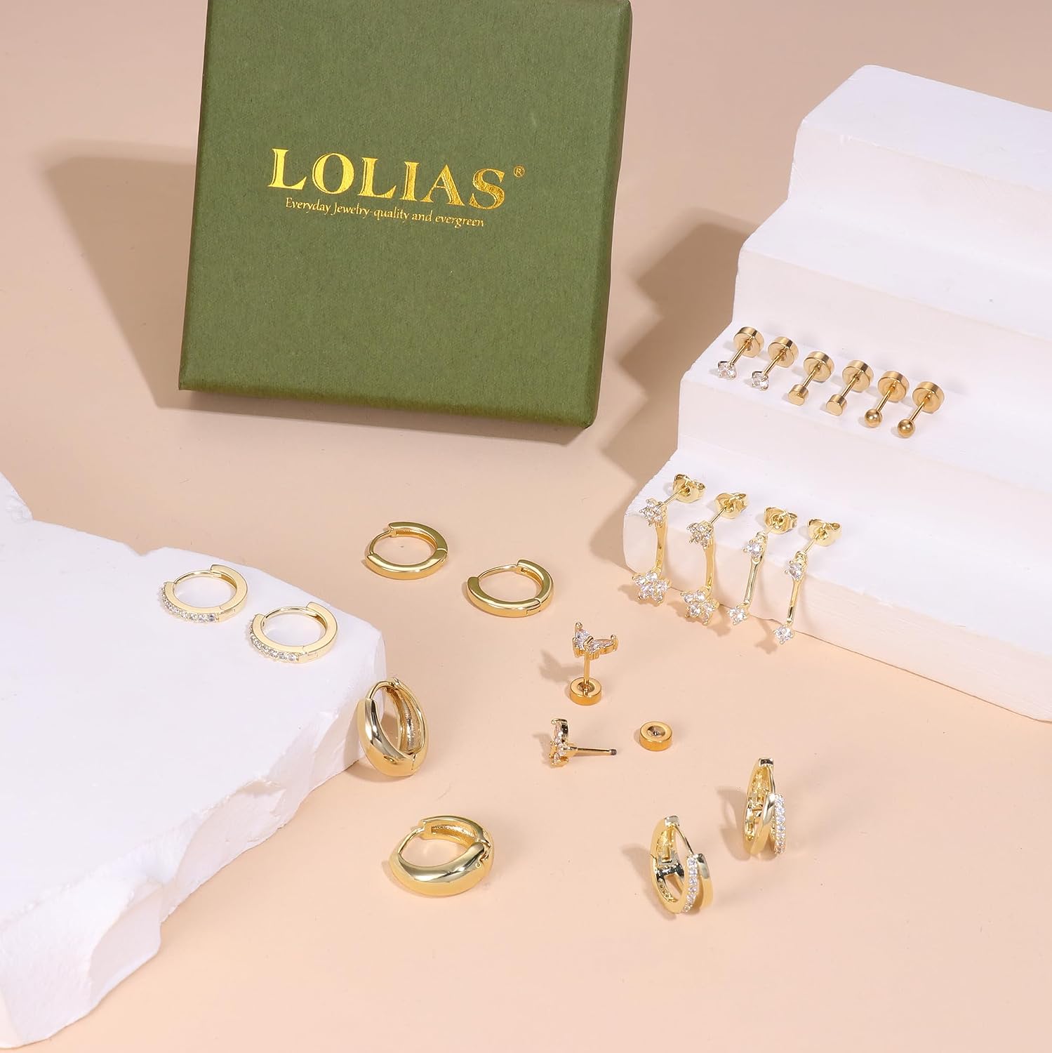 LOLIAS Zestaw 10 par kolczyków damskich ze stali nierdzewnej, srebrne/złote kolczyki kreolki ze stali chirurgicznej, kolczyki do uszu, helix, piercing - obrazek 3