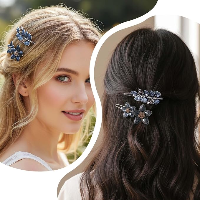 Francuska spinka do włosów w stylu vintage, stras, 2 sztuki, ekstrawaganckie spinki do włosów dla kobiet, kwiatowe spinki do włosów z kamieniami strasu, niebieskie, dekoracyjne ozdoby do włosów na - obrazek 5