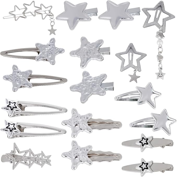 20 sztuk spinek do włosów w kształcie gwiazd Y2k, srebrne, brokatowe, gwiazdki, metalowe, retro, gwiazdki, styl punkowy, dla kobiet, na imprezy, koncerty, na co dzień