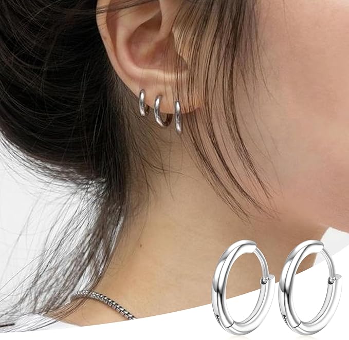 Zestaw 4 par kolczyków kółek ze stali chirurgicznej 316L dla mężczyzn i kobiet – 8 mm, 10 mm, 12 mm, 14 mm – srebrny - obrazek 7